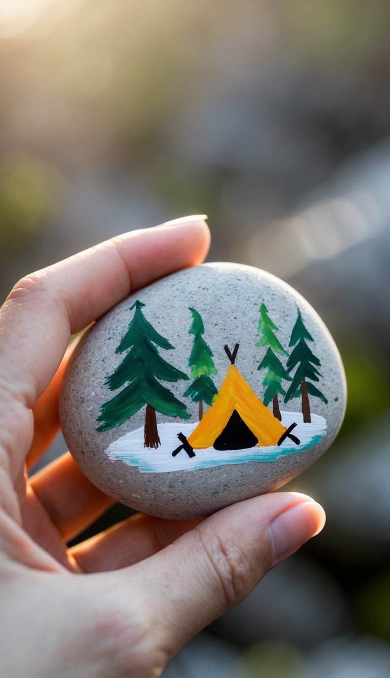 A hand holding a smooth stone painted with a yellow tent, pine trees, and snow, depicting a camping scene in nature.