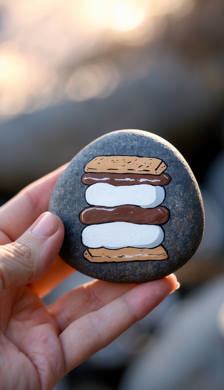 A hand holds a smooth stone painted with an illustration of a s'more, showing graham crackers, chocolate, and marshmallow layers. The background is blurred.