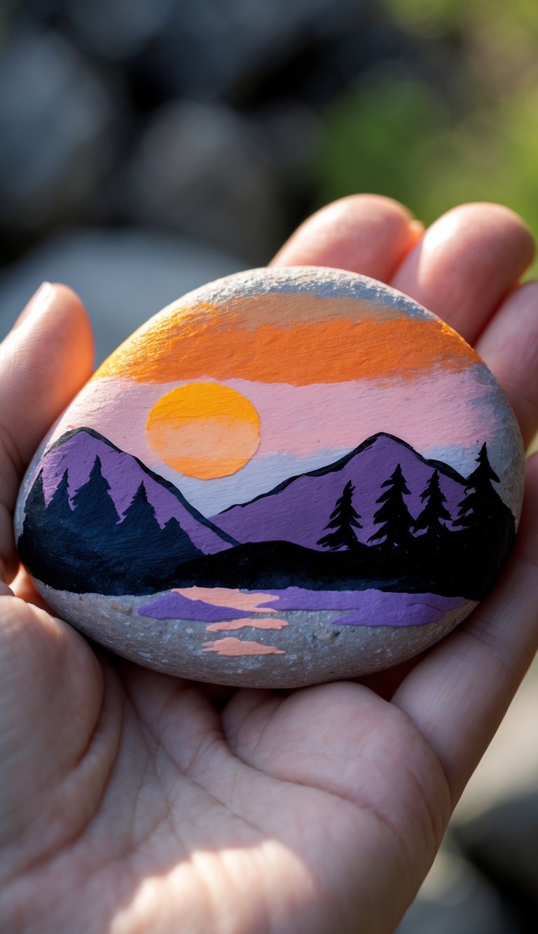 A hand holds a smooth stone painted with a colorful sunset landscape, featuring purple mountains, pine trees, and a bright orange sun reflected in a lake.