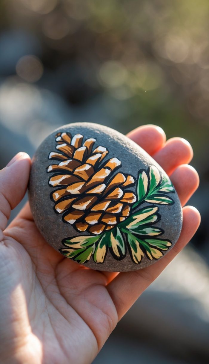 A hand holding a smooth gray stone painted with a detailed pine cone and green pine needles. The background is softly blurred.