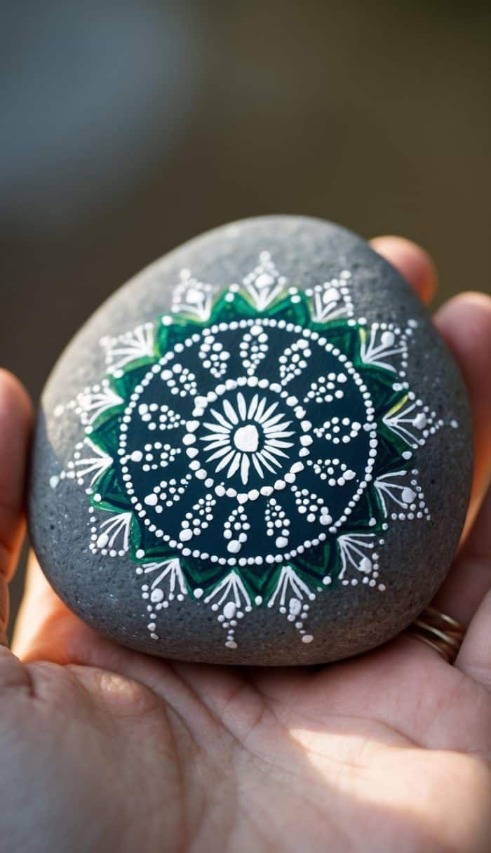 A hand holds a smooth gray stone painted with a detailed white and green mandala design, featuring intricate dots and geometric patterns.