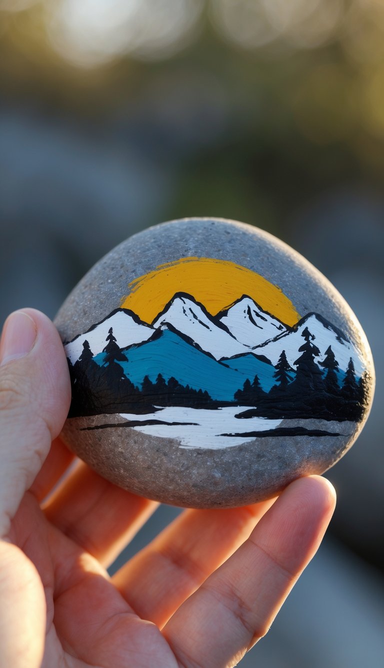 A hand holds a smooth gray rock painted with a landscape of snowy mountains, pine trees, a river, and a yellow sky, set against a blurred outdoor background.