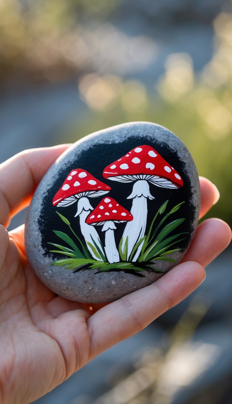 A hand holds a smooth rock painted with three red-and-white spotted mushrooms and green grass on a black background.