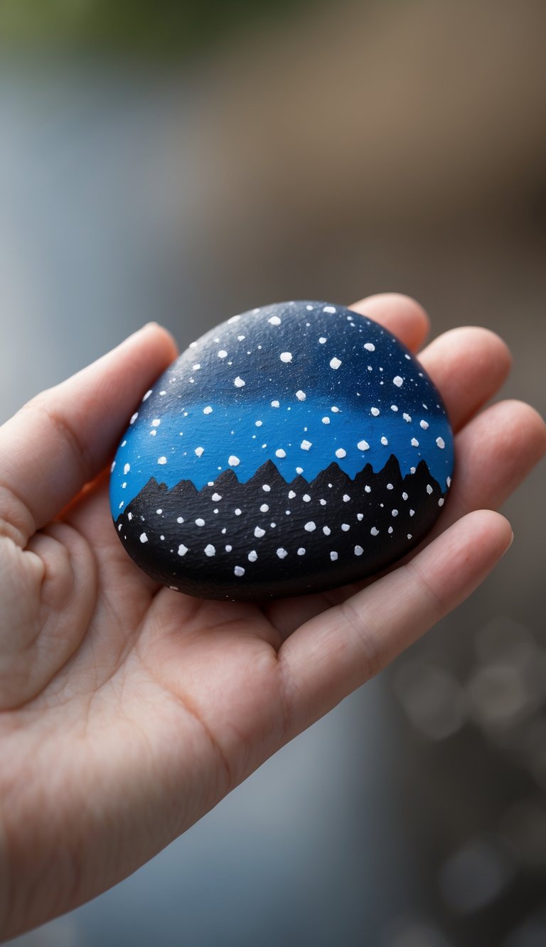 A hand holds a smooth stone painted with a night sky, black mountains, and white dots representing stars or snowflakes.
