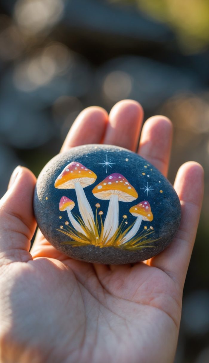 A hand holds a smooth stone painted with colorful orange and yellow mushrooms, white stems, and small white star-like accents against a dark background.