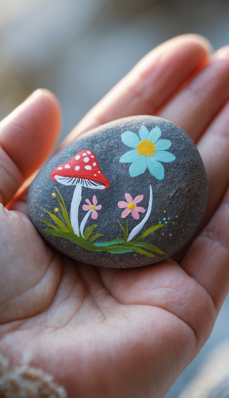A hand holds a smooth stone painted with a red and white mushroom and three colorful flowers, surrounded by green grass on a blurred background.
