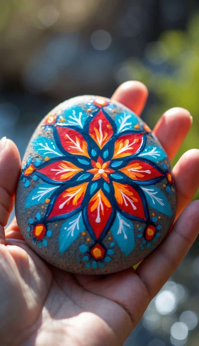 A hand holds a smooth stone painted with a vibrant mandala design in red, blue, orange, and white colors. The background is softly blurred with natural outdoor light.