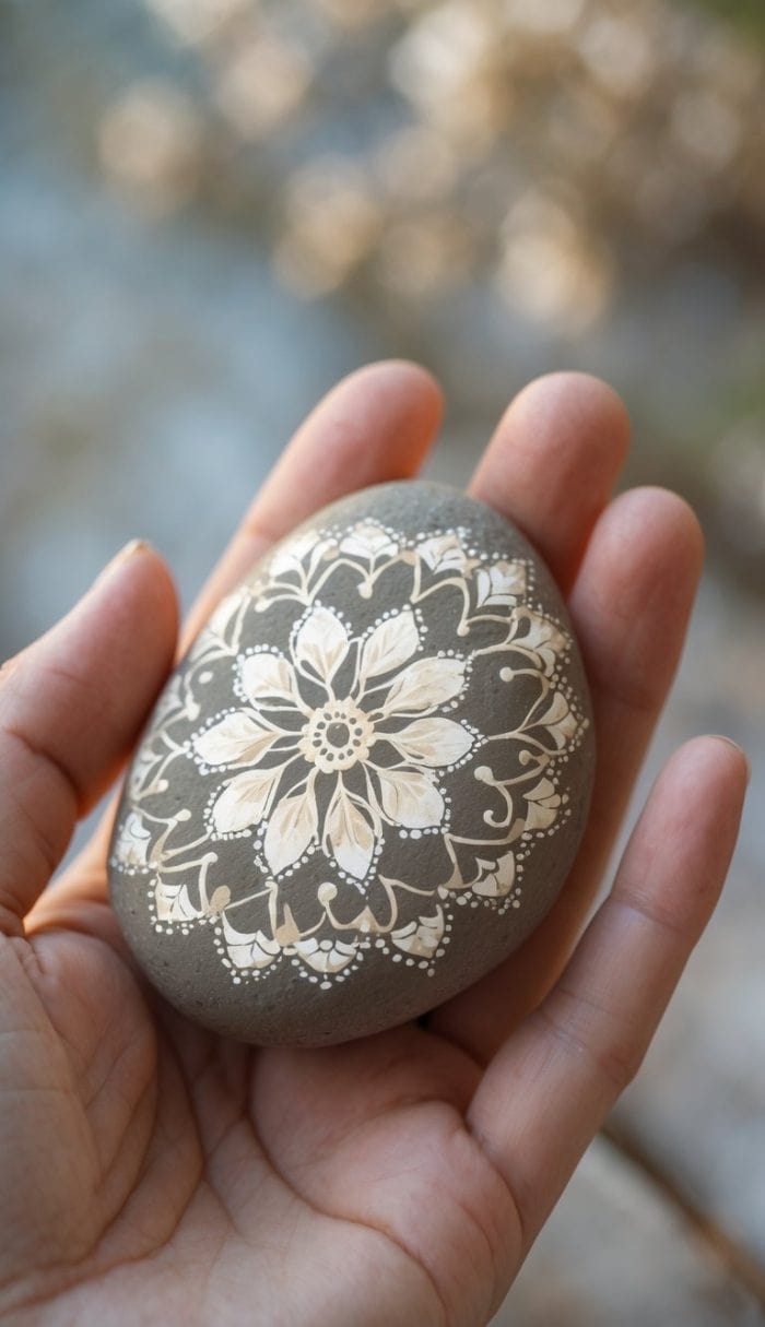 A hand holds a smooth stone painted with an intricate, symmetrical white and beige mandala design. The background is softly blurred, highlighting the detailed artwork on the stone.