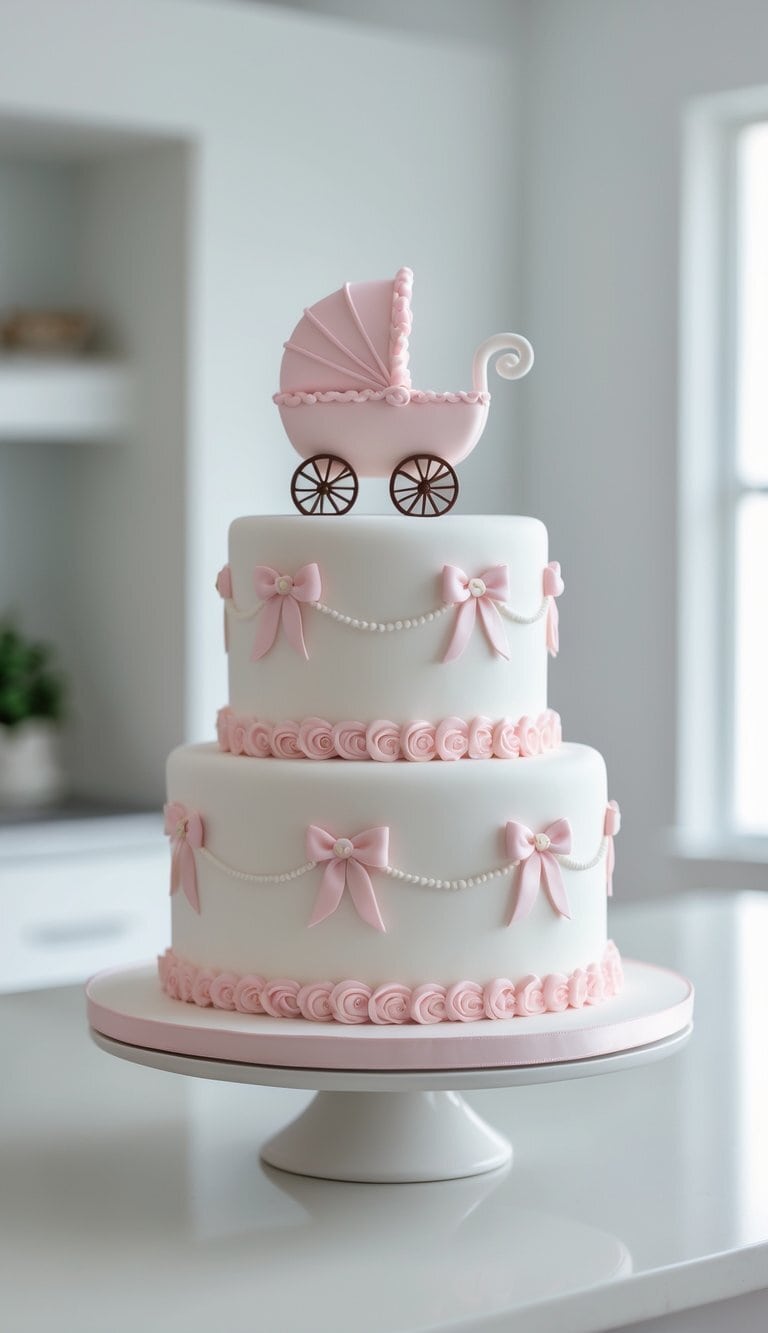 A two-tier white cake decorated with pink bows, pearls, and rosettes, topped with a pink baby carriage made of fondant, displayed on a white cake stand in a bright kitchen.