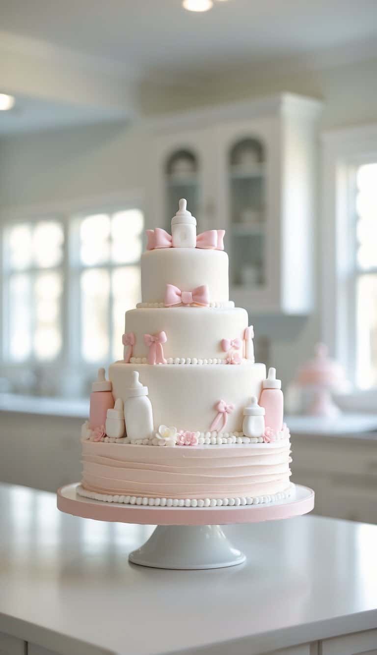A three-tier white cake decorated with pink bows, baby bottles, and small baby-themed items, displayed on a white cake stand in a bright, modern kitchen.