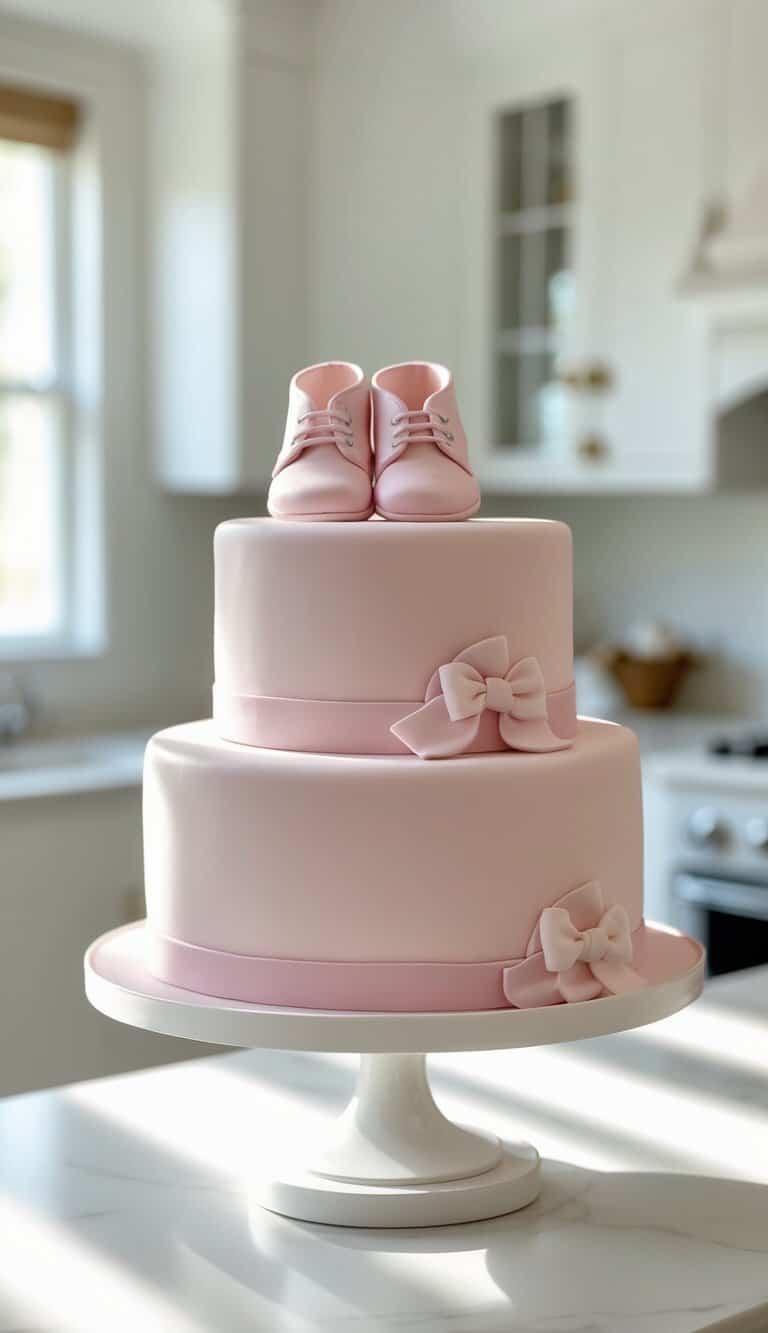 A two-tiered pink cake with fondant bows and topped with pink baby shoes, displayed on a white cake stand in a bright, modern kitchen.