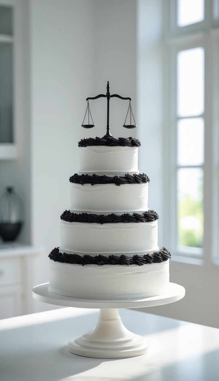 A four-tier white cake with black icing accents, topped with a decorative black scales of justice figure, sits on a white pedestal cake stand in a bright, modern kitchen.