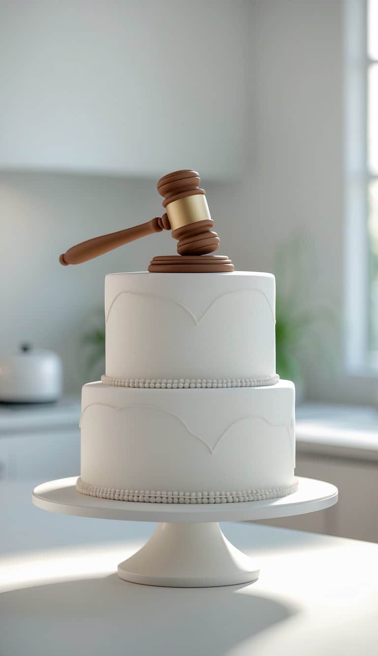 A two-tier white cake with elegant piping sits on a stand, topped with a wooden judge’s gavel, in a bright kitchen setting.