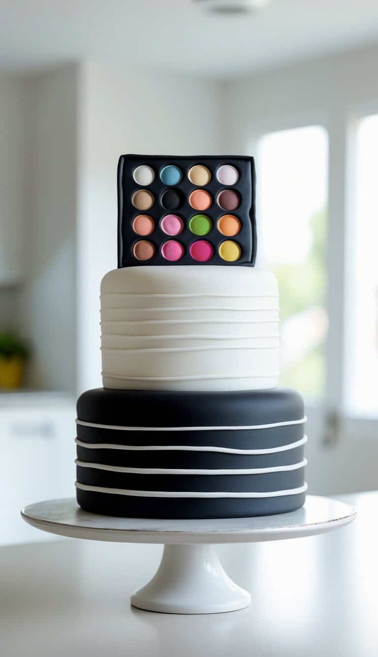 A two-tiered cake with smooth black and white striped fondant, topped with a realistic edible palette featuring colorful fondant circles, resembling a makeup or paint palette, displayed on a white cake stand.