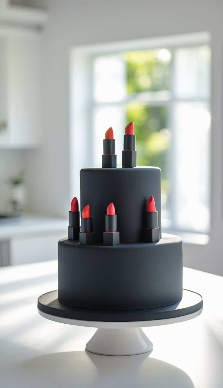 A two-tiered black cake decorated with realistic lipstick models in various shades of red and pink, displayed on a white cake stand in a bright kitchen setting.