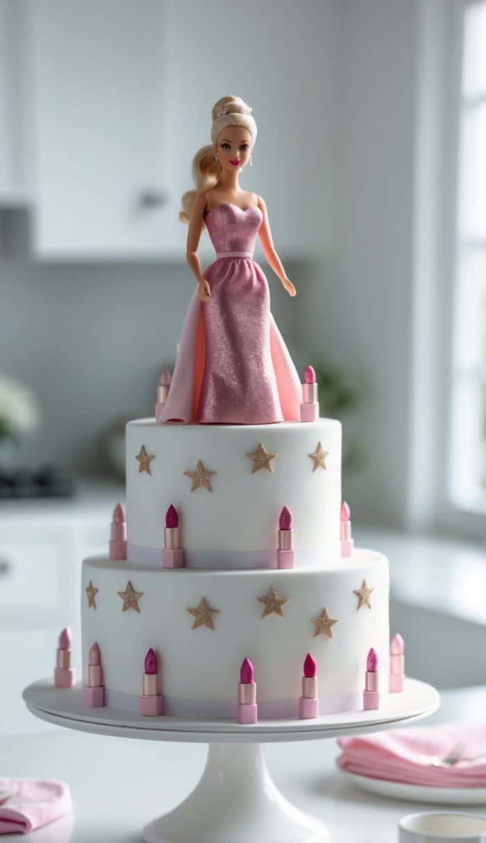 A two-tier white cake decorated with gold stars and pink lipstick-shaped toppers, featuring a doll in a pink dress as the cake topper, displayed in a bright, modern kitchen.