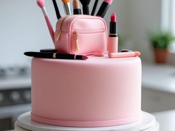 A round pink cake decorated with fondant makeup brushes, lipstick, and a small pink makeup bag sits on a white cake stand in a modern kitchen.