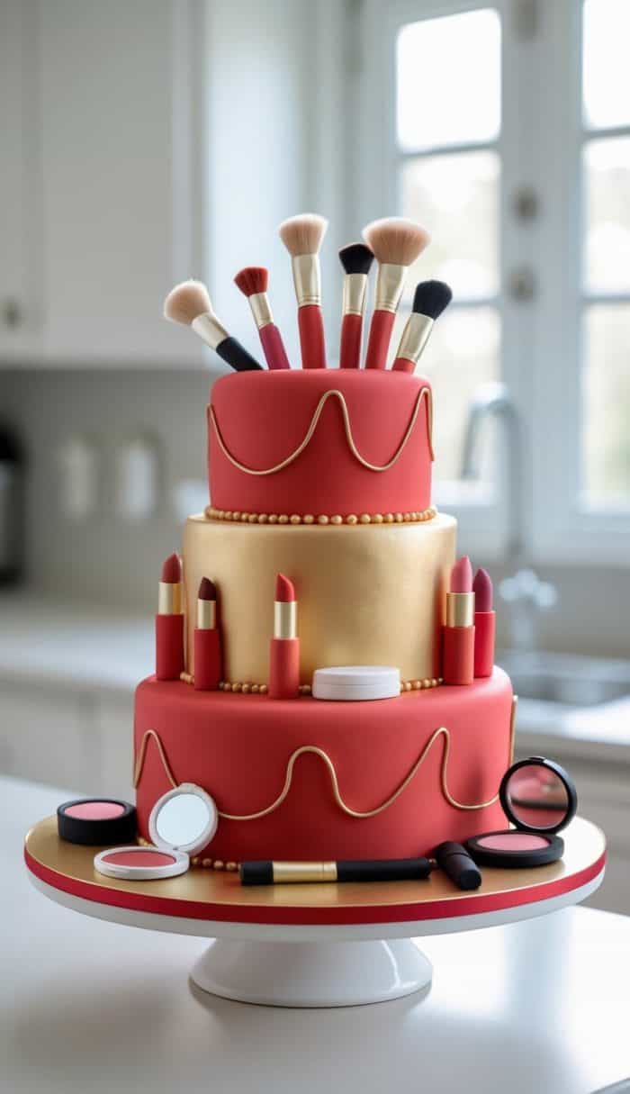 A three-tiered cake decorated with gold and red fondant, adorned with makeup-themed items like lipstick, brushes, and compact mirrors, displayed on a white stand in a bright kitchen.