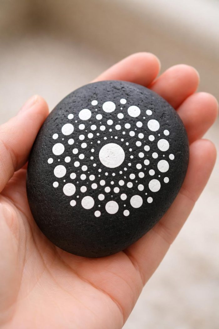 A hand holds a smooth black stone painted with a white circular dot pattern, radiating outward from a central dot in a symmetrical mandala design.