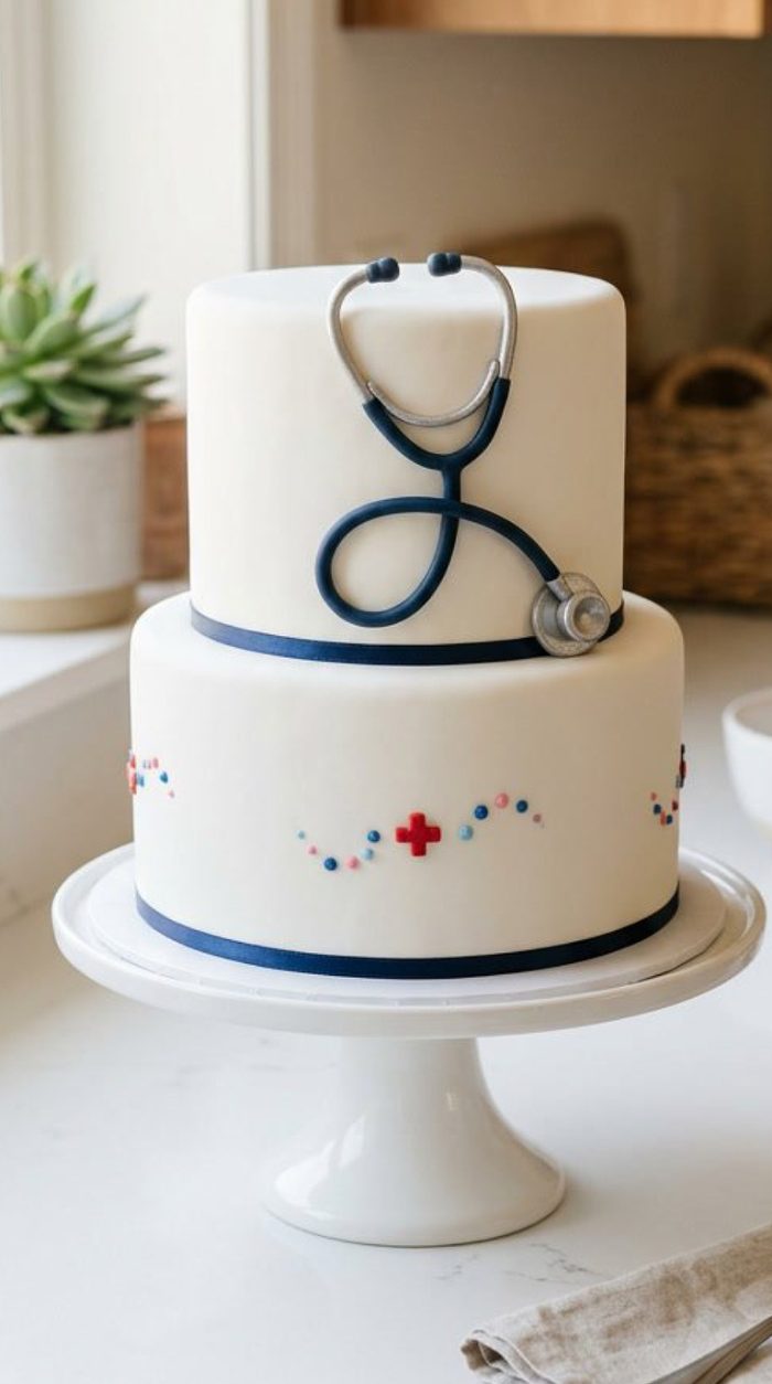 Two-tier white cake with blue ribbon trim, decorated with colorful dots, red crosses, and topped with a stethoscope made from edible materials; placed on a white cake stand.