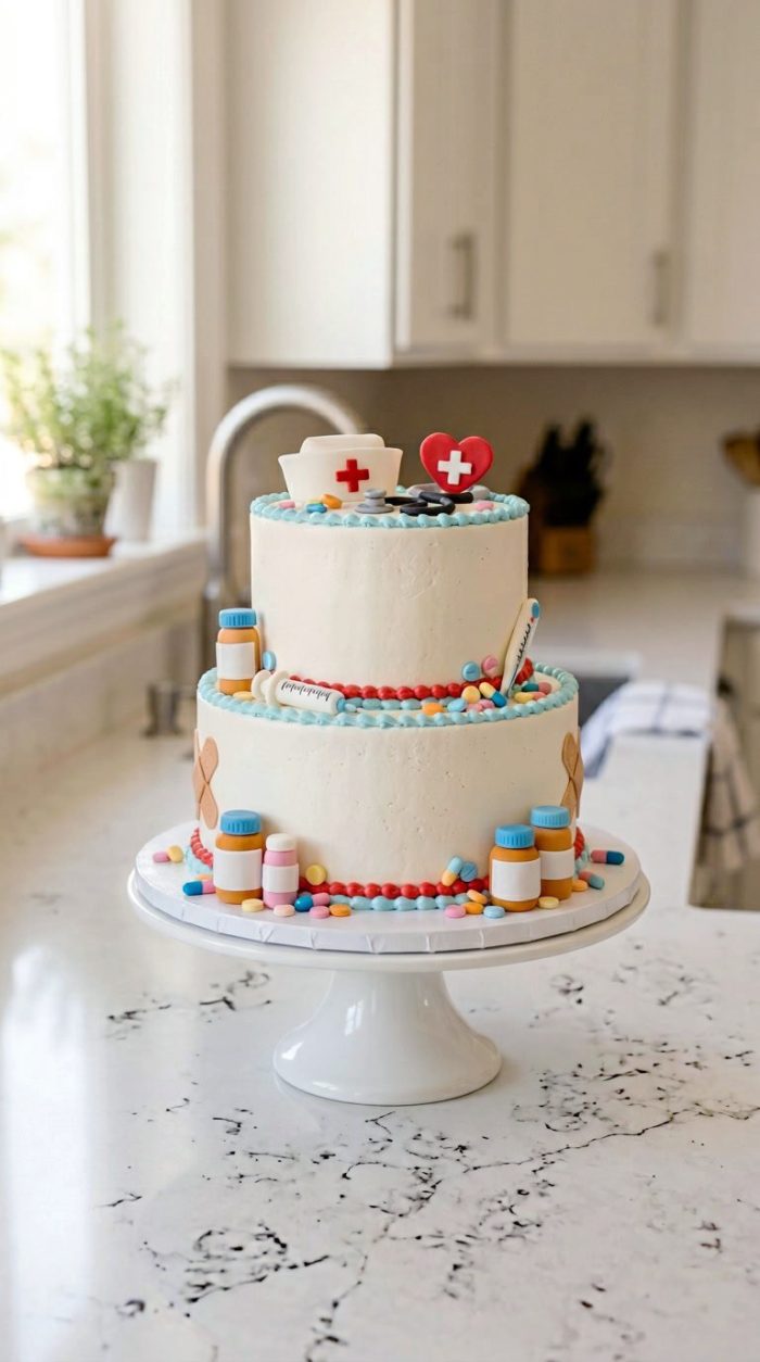 Two-tiered cake decorated with nurse caps, pill bottles, a syringe, stethoscope, and colorful candies, set on a white cake stand in a bright kitchen.