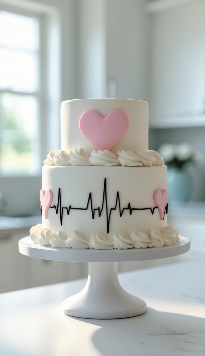 A two-tier white cake decorated with pink heart shapes and a black heartbeat line, set on a white cake stand in a bright kitchen.