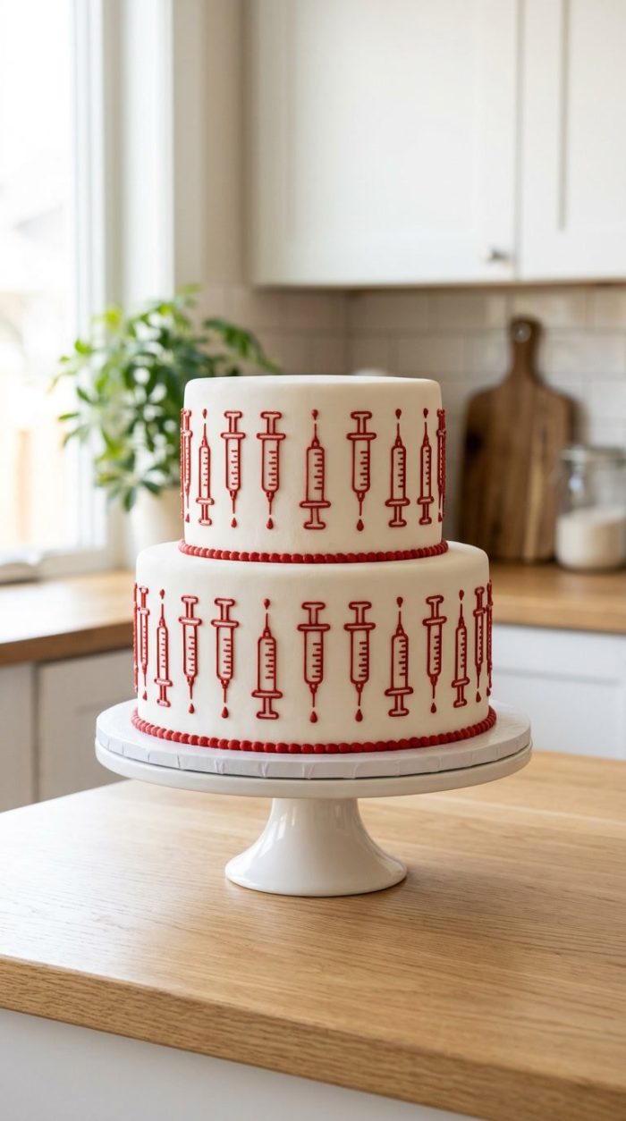 A white two-tiered cake decorated with red icing designs of syringes, displayed on a white cake stand in a bright kitchen setting.