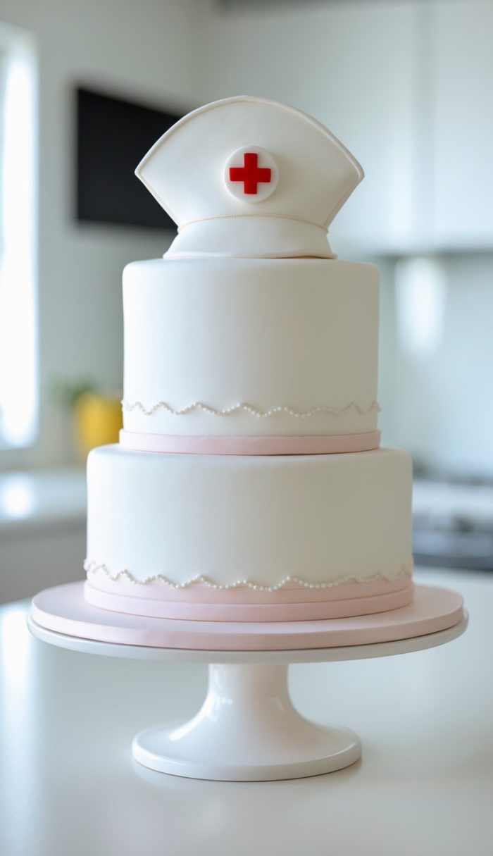 A two-tier white cake with pale pink accents, decorated with small pearls and topped with a nurse’s cap featuring a red cross, displayed on a white cake stand in a bright kitchen.