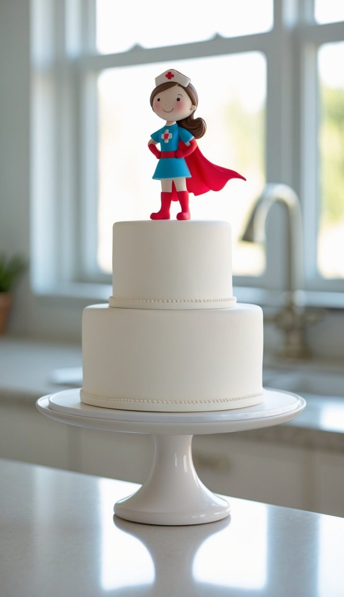 A two-tiered white cake on a stand, topped with a figurine of a nurse wearing a red cape, blue dress, and white nurse hat, displayed in a bright kitchen.