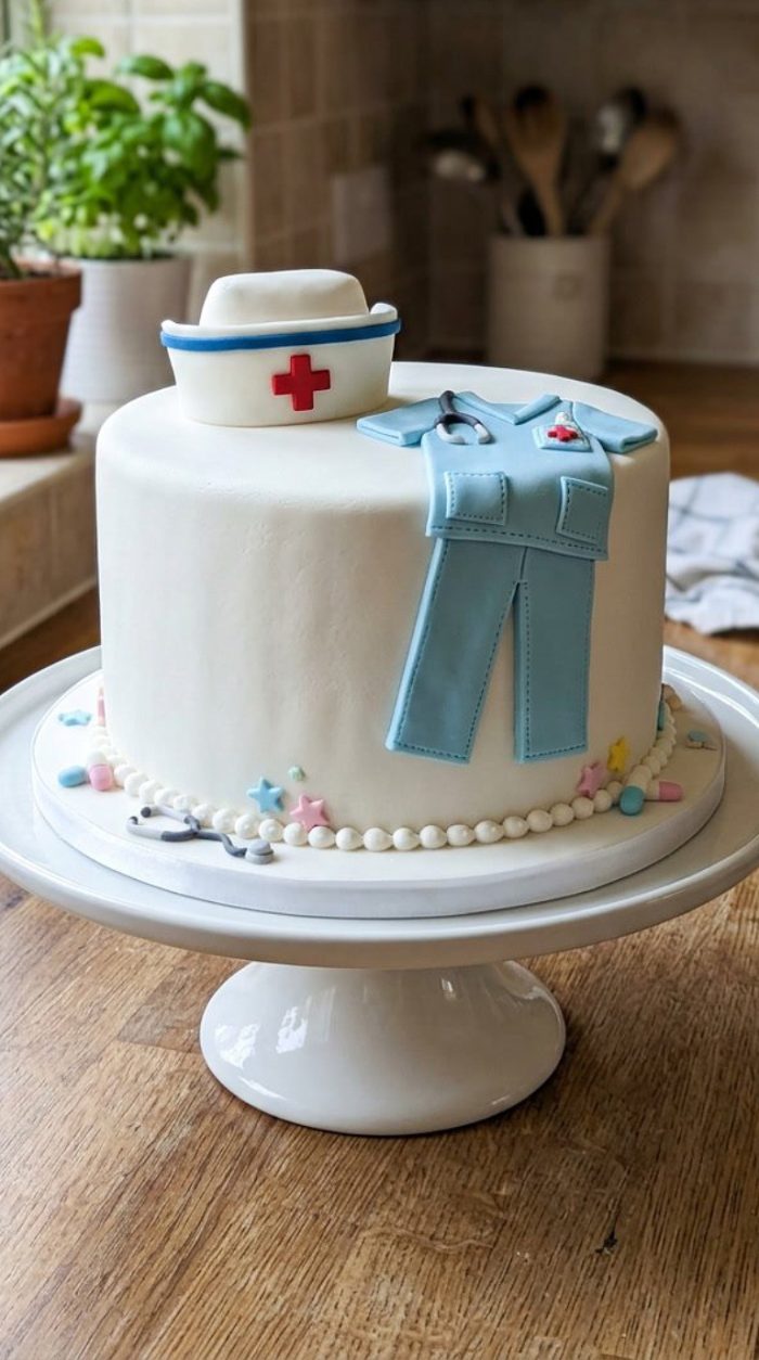 A white cake decorated with a nurse's cap, blue scrubs, and medical-themed fondant details sits on a white cake stand in a kitchen.