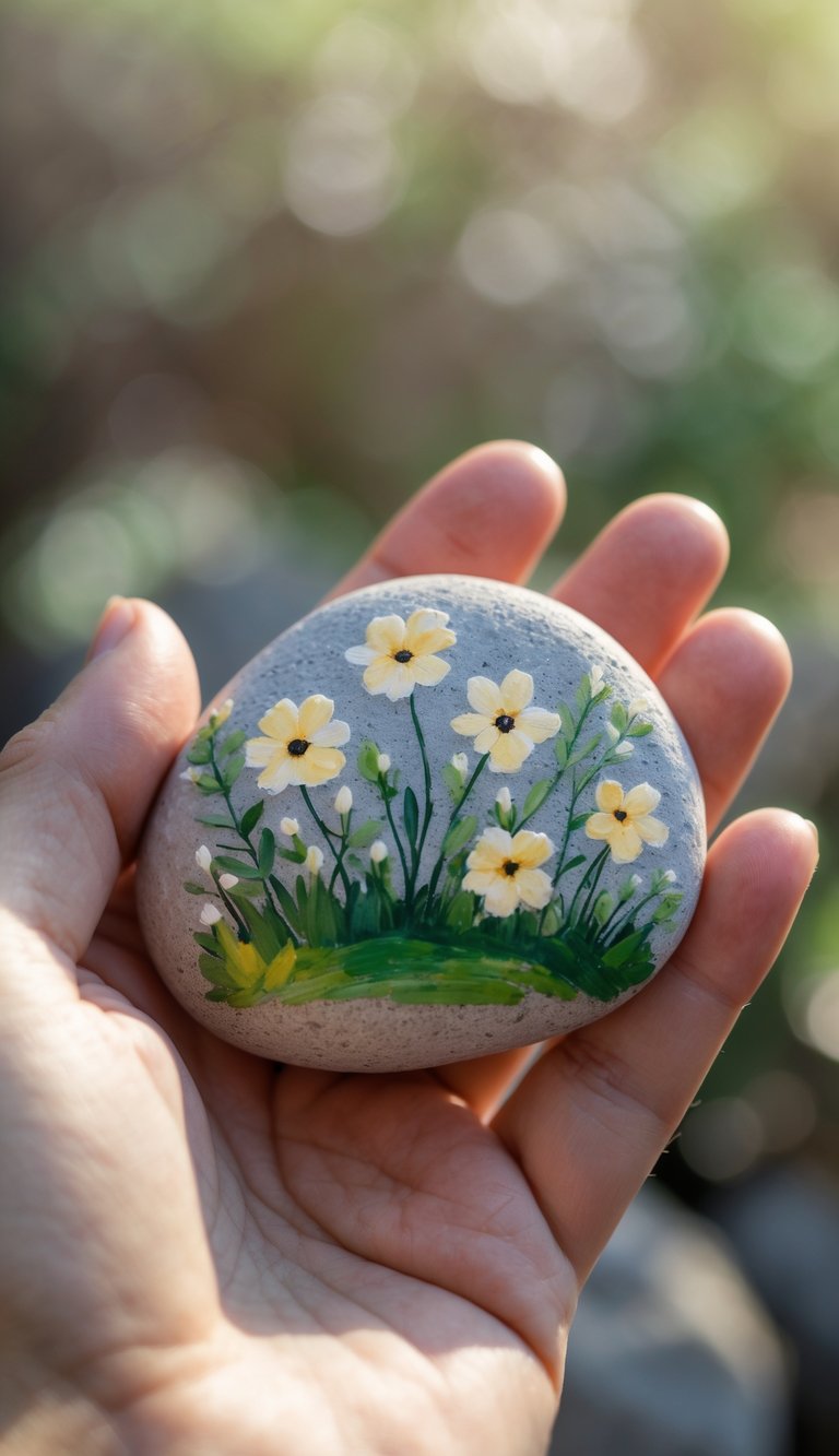 A hand holds a smooth stone painted with yellow and white flowers, green leaves, and grass. The background is softly blurred with natural light and greenery.