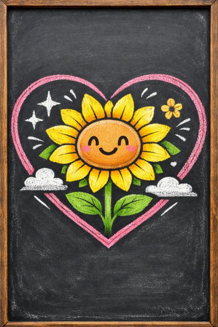 A cheerful sunflower with a smiling face is drawn in colorful chalk on a blackboard, surrounded by clouds, sparkles, a small flower, and a large pink heart.