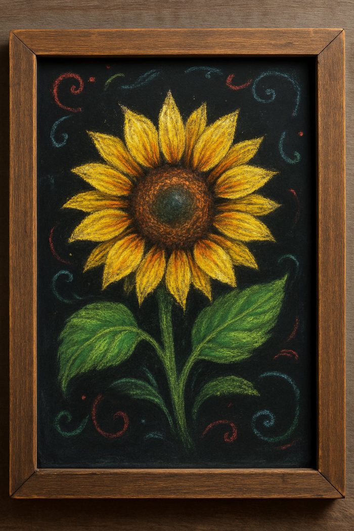 A framed chalk drawing of a sunflower with yellow petals, green leaves, and a brown center, set against a black background with colorful swirls in red, blue, and green.