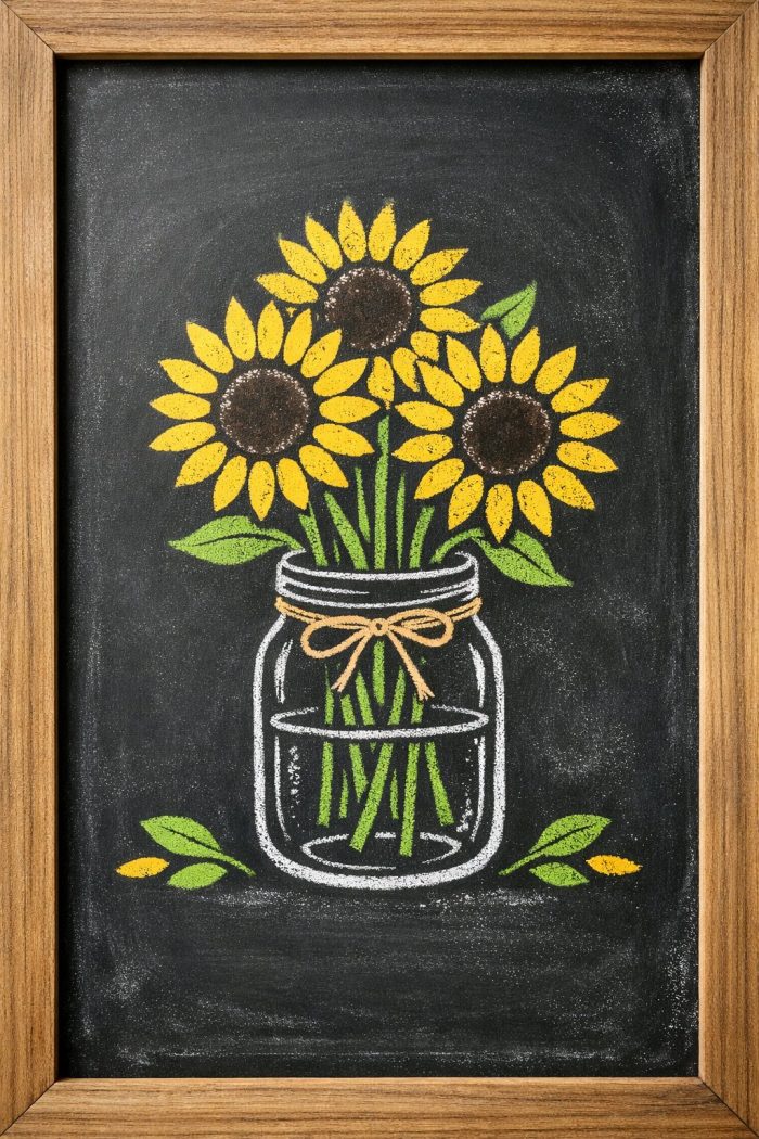 Chalk drawing of three sunflowers with green stems and leaves in a mason jar tied with a bow, framed by a wooden border, on a black chalkboard background.