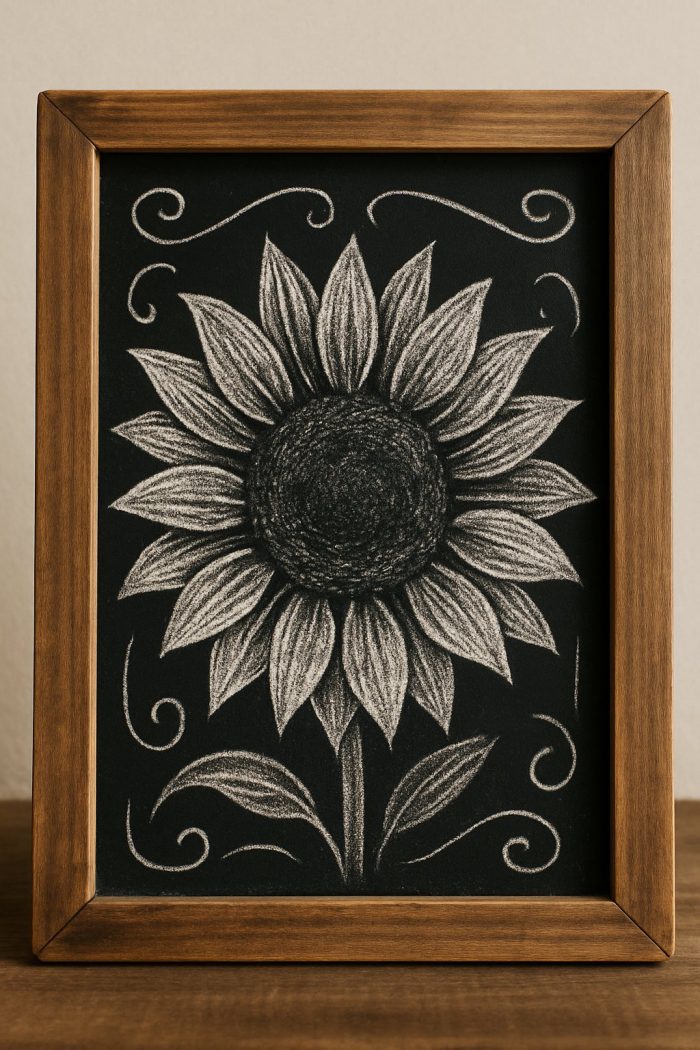 Framed chalk drawing of a sunflower with detailed petals and leaves, surrounded by decorative swirls, displayed on a wooden surface against a neutral background.