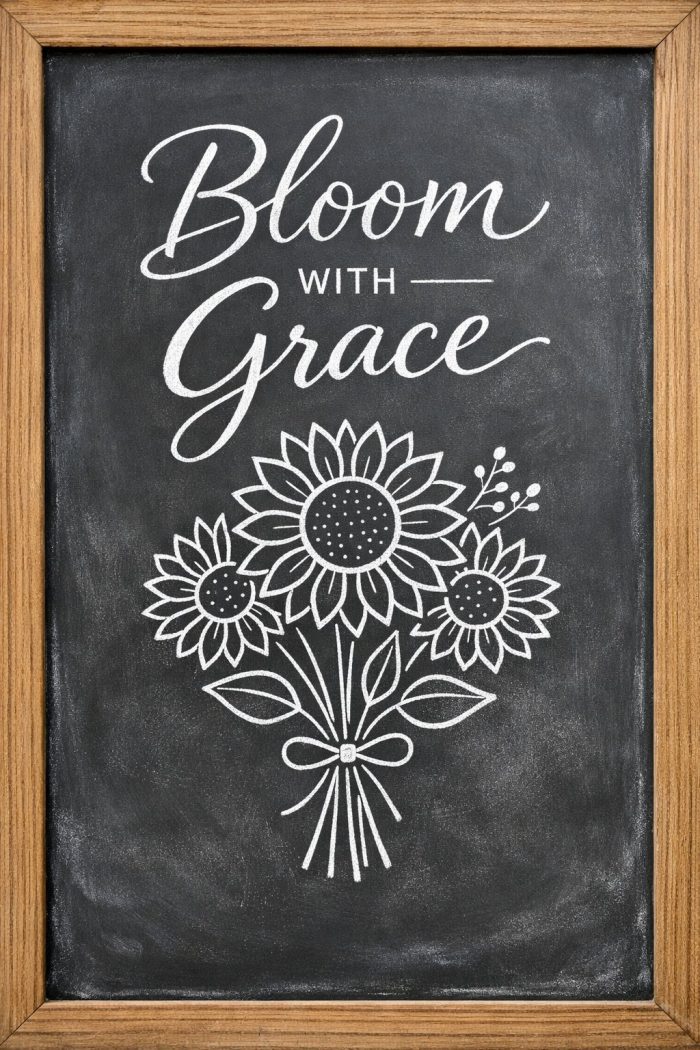 A chalkboard framed in wood displays the phrase "Bloom with Grace" above a chalk drawing of a bouquet of sunflowers tied with a ribbon.