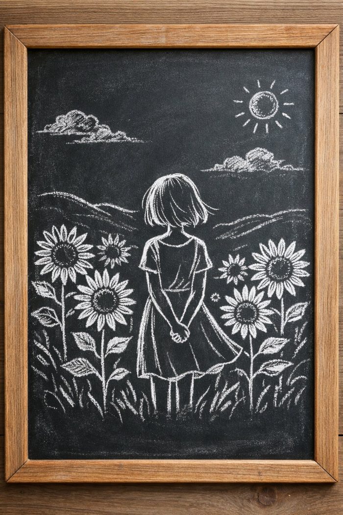 Chalk drawing of a girl in a dress standing among tall sunflowers, facing away, with hills, clouds, and a shining sun in the background, all on a framed blackboard.