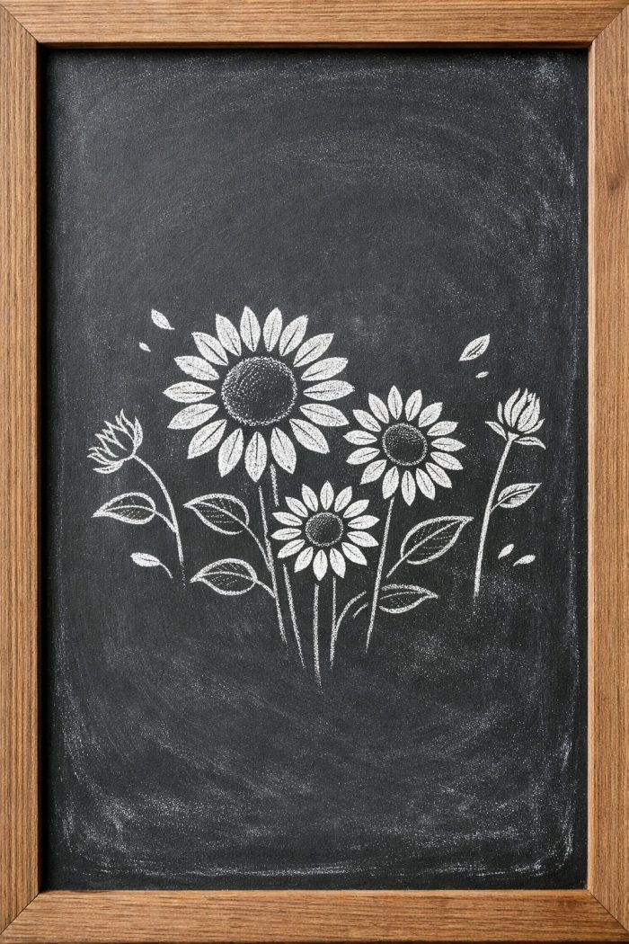 A chalk drawing of four sunflowers with leaves and buds is displayed on a blackboard framed with wood. The illustration is simple and white, standing out against the dark background.