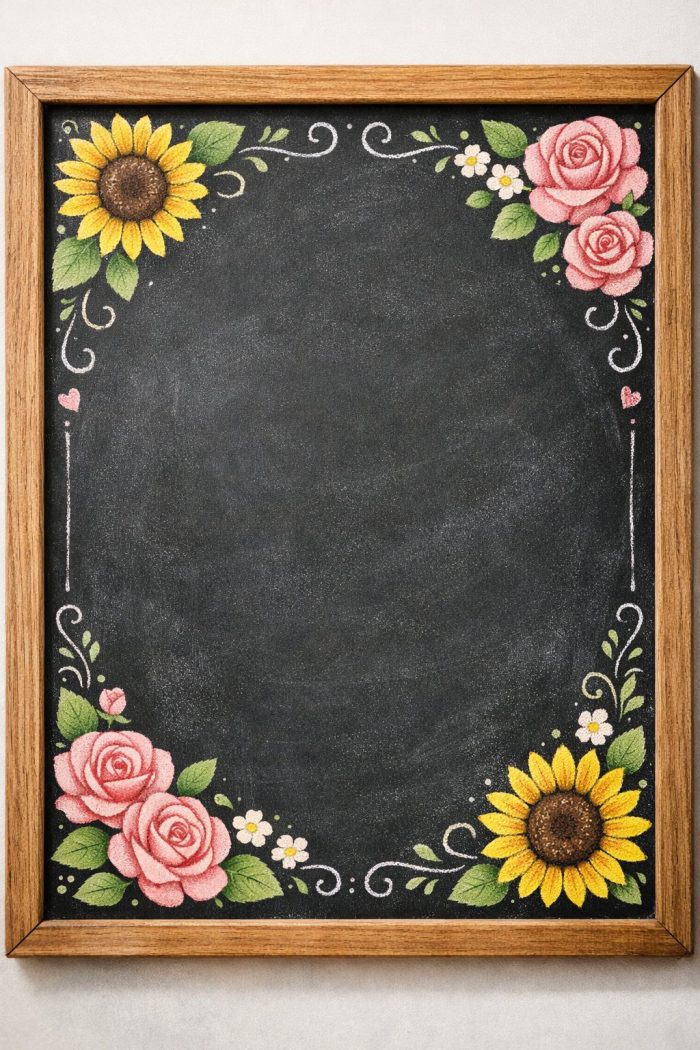 A blank blackboard with a wooden frame, decorated with chalk drawings of sunflowers and pink roses in opposite corners, along with green leaves and small white and yellow flowers.