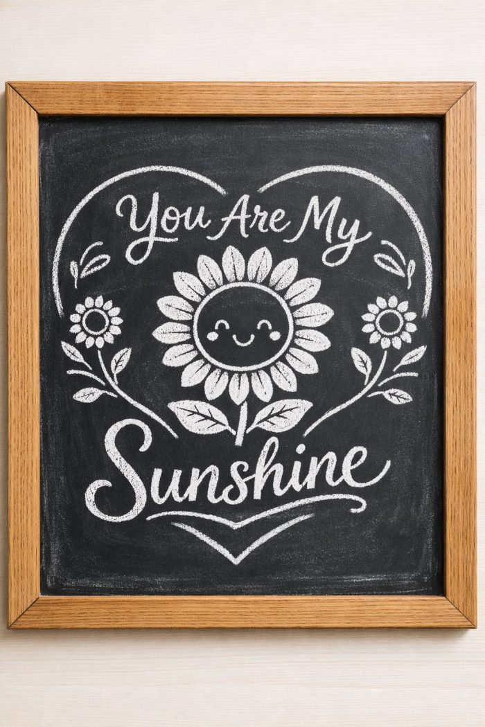 A chalkboard with a wooden frame displays a drawing of a smiling sunflower, two smaller flowers, and the handwritten phrase "You Are My Sunshine" inside a heart outline.