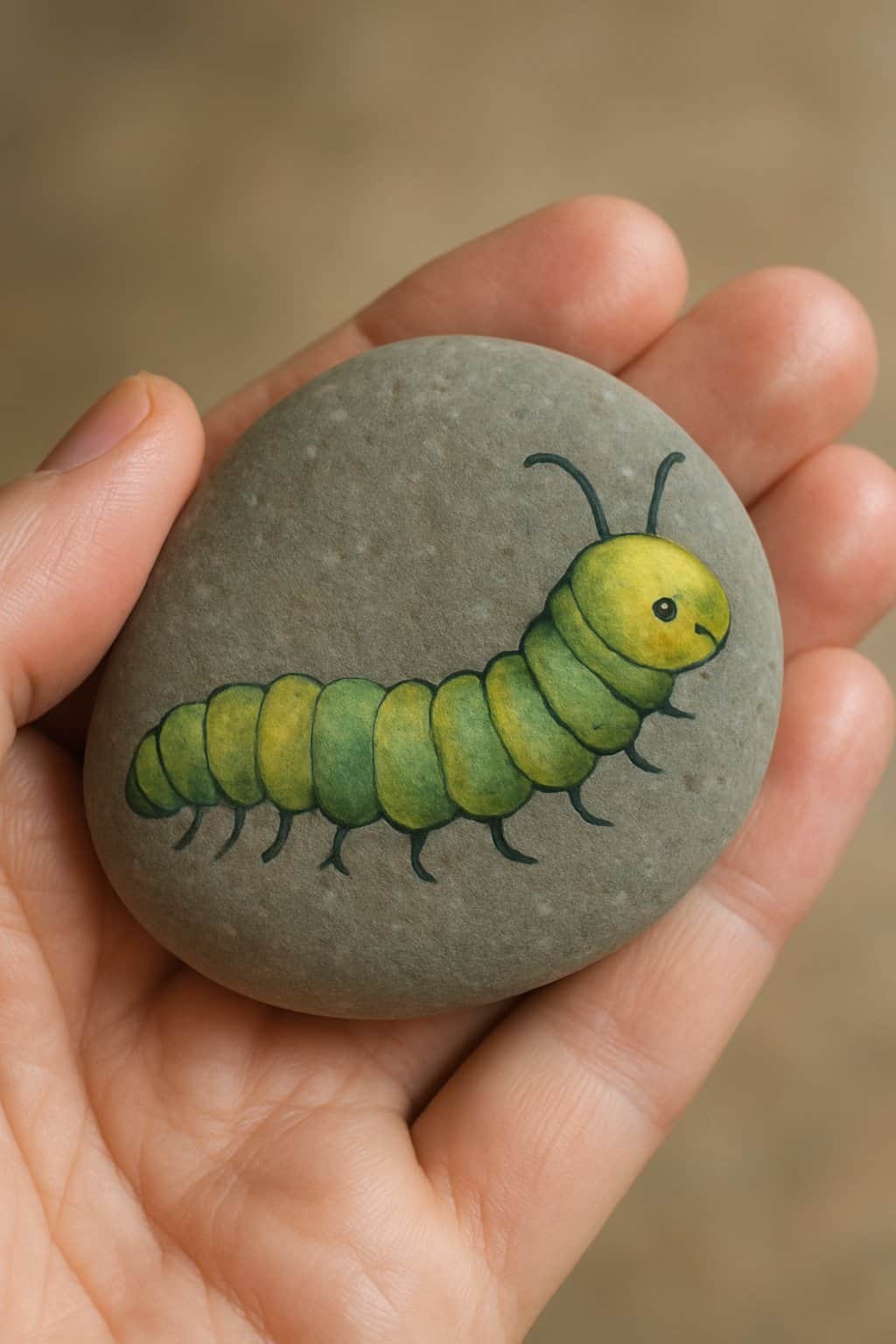 A hand holding a smooth river rock painted with a colorful caterpillar design.