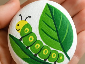 A hand holds a white, round stone painted with a green caterpillar on a leaf, next to a larger green leaf. The caterpillar is smiling and has yellow and green segments with black antennae.