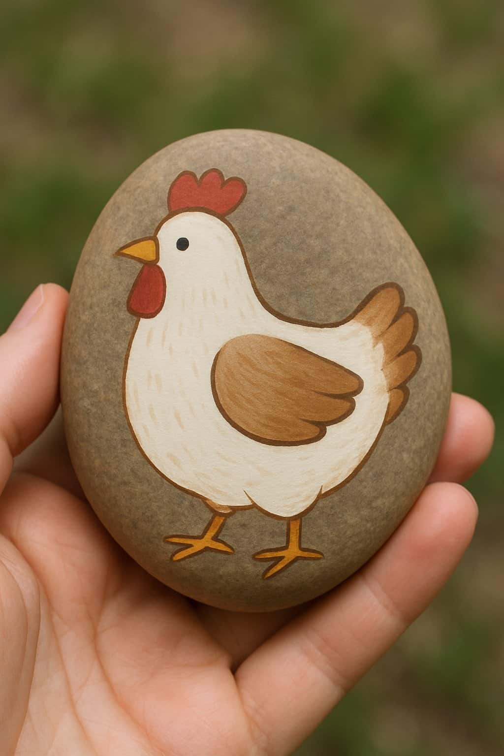 A hand holding a smooth river rock painted with a simple chicken design, outdoors with natural light.
