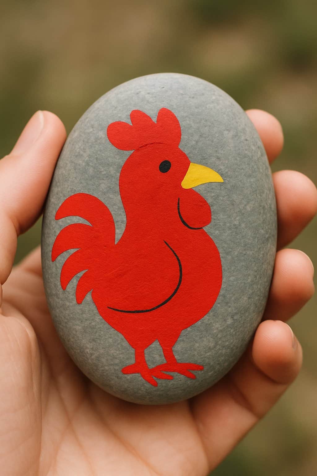A hand holding a smooth river rock painted with a bright red rooster with a yellow beak.