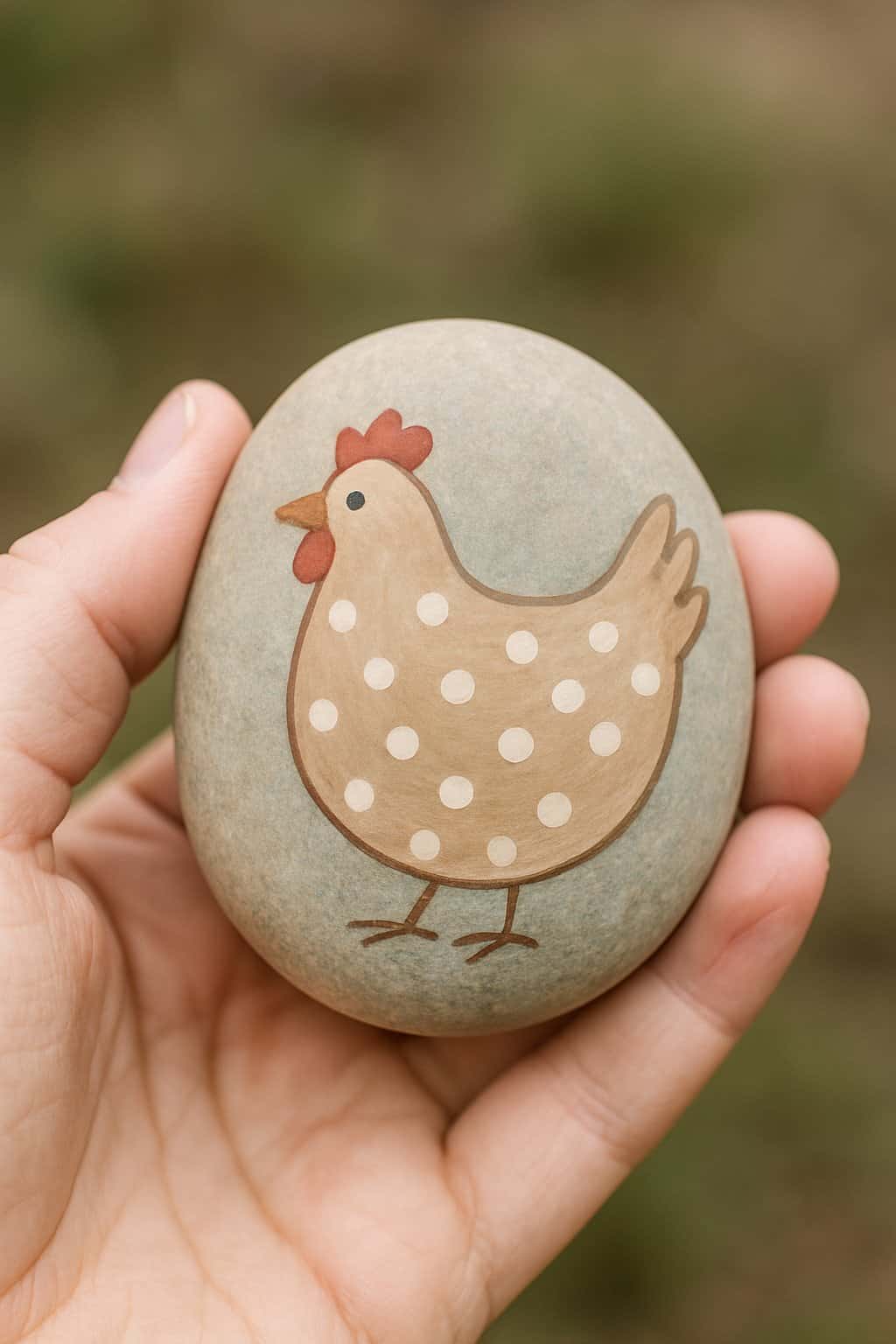 A hand holding a smooth river rock painted with a chicken design covered in polka dots.