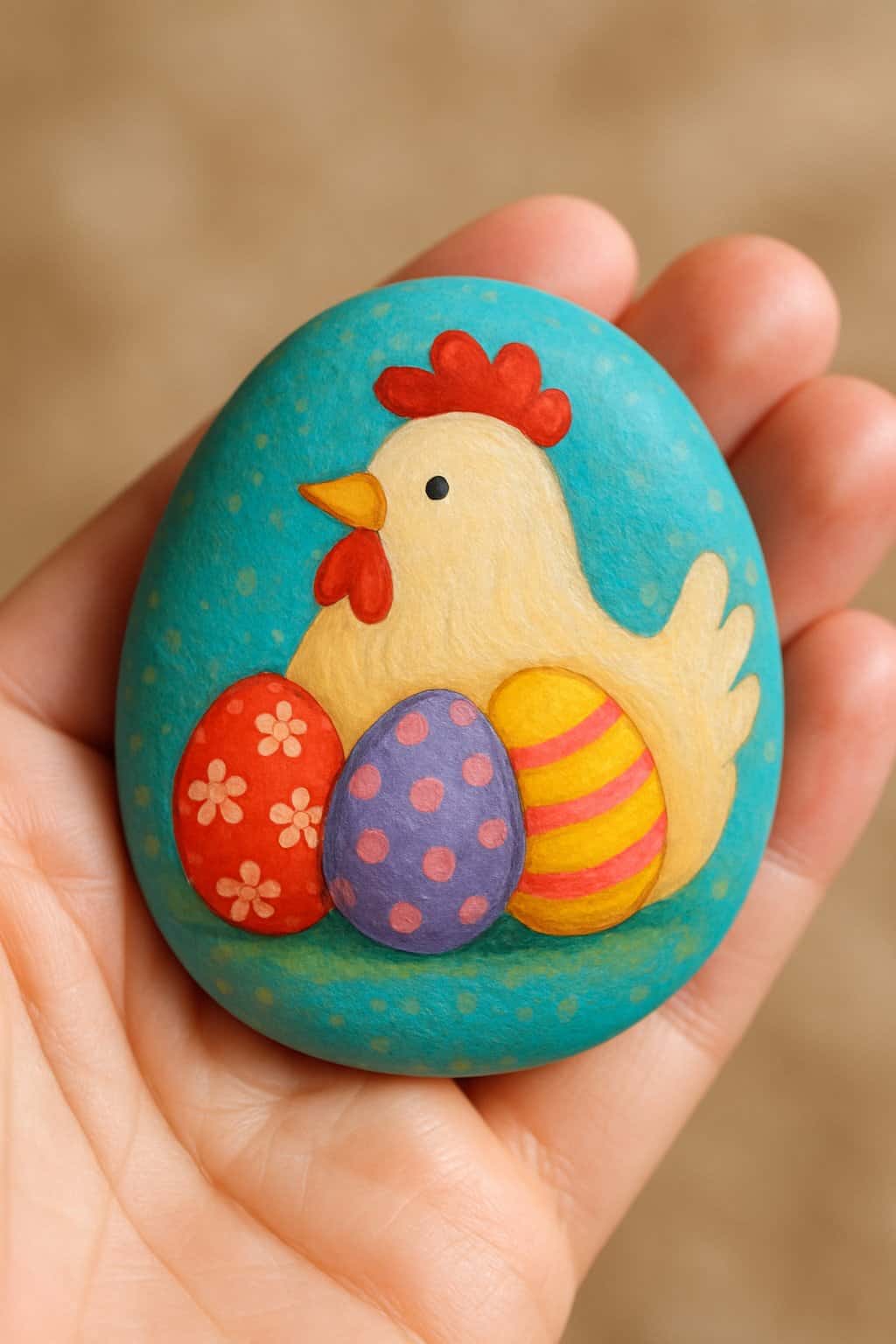 A hand holding a smooth river rock painted with a colorful chicken holding Easter eggs.