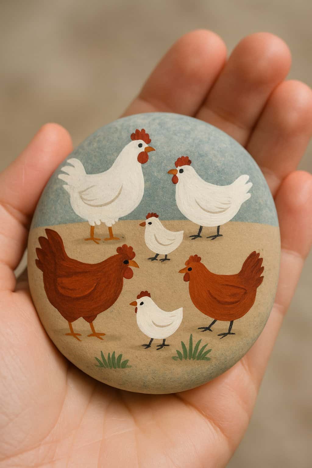 A hand holding a smooth river rock painted with a simple barnyard scene featuring several chickens.
