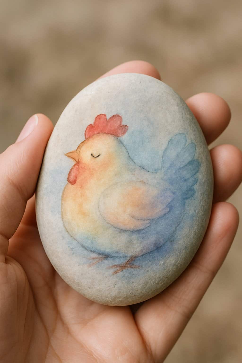 A hand holding a smooth painted rock with a chicken design.