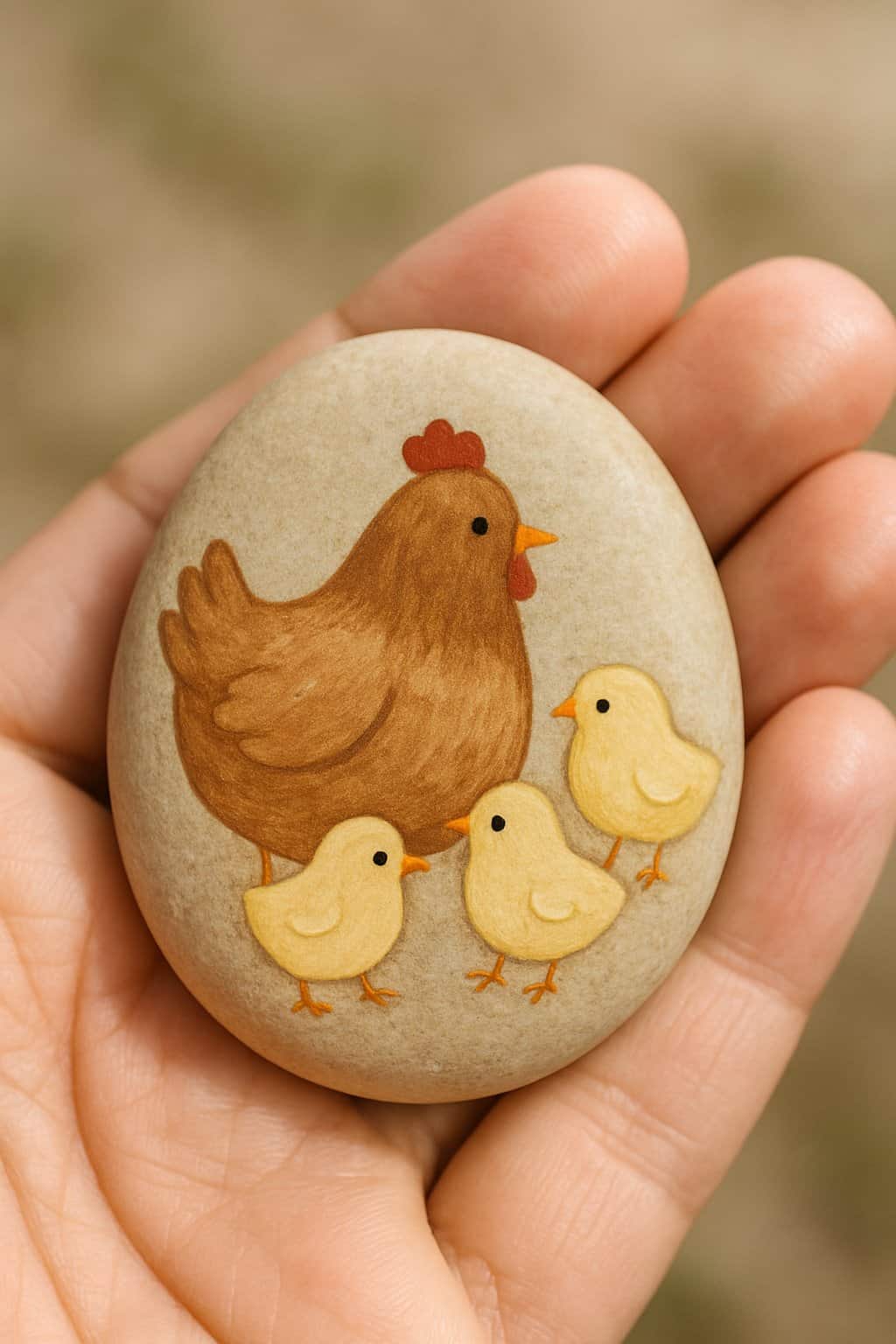 A hand holding a smooth river rock painted with a family of chickens in different sizes.