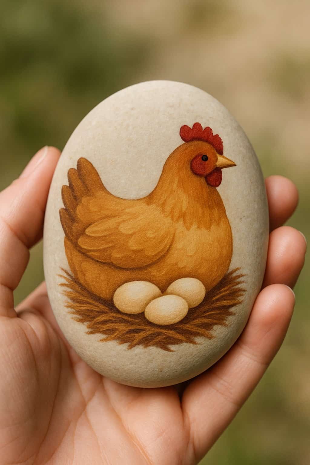 A hand holding a smooth river rock painted with a hen sitting on a nest of eggs.
